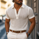 Men's Solid Hollow Out Plaid Knit Lapel Short Sleeve Polo Shirt