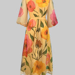 Loose Puff Sleeves Flower Print See-Through Round-Neck Midi Dresses