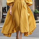 Loose Puff Sleeves Solid Color Round-neck Maxi Dresses