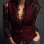 Elegant Black Lace Panel Sleeve Blazer Top