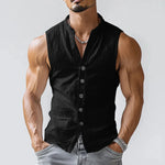 Men's Casual Comfort Cotton Stand Collar Single Breasted Sleeveless Shirt