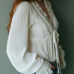 Boho Ruffled V-Neck White Pleated Lace Tie-Front Blouse