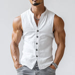 Men's Casual Comfort Cotton Stand Collar Single Breasted Sleeveless Shirt