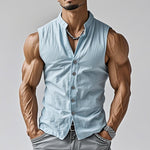 Men's Casual Comfort Cotton Stand Collar Single Breasted Sleeveless Shirt