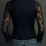 Elegant Black Lace Panel Sleeve Blazer Top