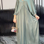 Satin Solid Color V-neck Lotus Leaf Sleeve Loose Pleated Maxi Dress