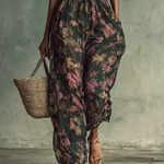 Women's Chiffon Floral Print Bandeau Short Sleeve Waist Jumpsuit