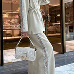 Edan Textured Knit Sequin Patchwork Drawstring Zipper Sweatshirt and Stretch Wide Leg Pants Set