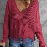 Casual Tassel Hem Pullover V Neck Sweater
