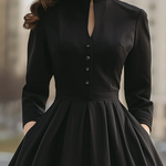 A-Line High Waisted Buttoned Pleated Pockets Solid Color Stand Collar Midi Dresses