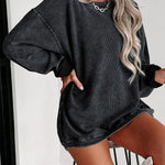 Solid Ribbed Round Neck Pullover Sweatshirt