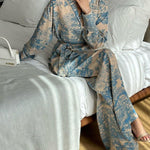 Long Sleeves Buttoned Printed Tied Waist Notched Collar Shirts Top + High Waisted Pants Bottom Two Pieces Set