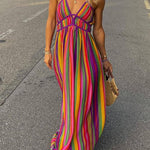 V Neck Backless Rainbow Stripes Cami Maxi Holiday Dress