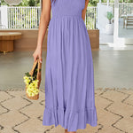 Summer Boho Spaghetti Strap Square Neck Solid Color Ruffle A Line Beach Long Maxi Dress