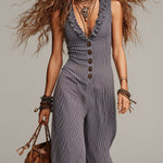 Retro Striped Cotton Jumpsuit With Ruffled Neckline And Straight Legs
