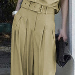 Loose Wide Leg Belted Pleated Solid Color Casual Pants Bottoms