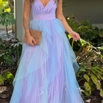 LAVENDER AND BLUE RUFFLED MESH MAXI DRESS