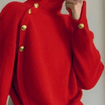 Long Sleeves Loose Beaded Solid Color Split-Side High Neck Sweater Tops
