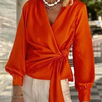 Satin Solid Color V-neck Tie Up Long Sleeve Loose Shirt