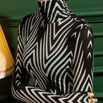 Long Sleeves Skinny Striped High-Neck T-Shirts Tops