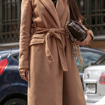 Simple Long-sleeved V-neck Tie Woolen Coat