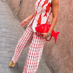 Good Luck Linen Blend Koi Pattern High Rise Elastic Waist Loose Pants