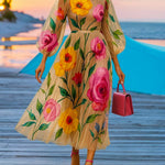 Loose Puff Sleeves Flower Print See-Through Round-Neck Midi Dresses