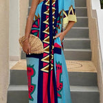Color Boost Unique Print One Shoulder Bell Sleeve Pocketed Maxi Dress