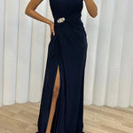 Pretty Special Pleated Embellished Slit Evening Maxi Dress