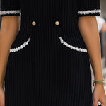 Elegant Ribbed Knit Mini Dress With Silver Trim And Gold Button Details