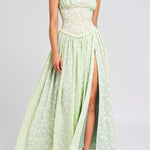 Ulissa Light Green Square Neck Jacquard Textured High Slit Maxi Dress