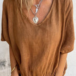 Linen Blend Solid Color V-neck Loose Pleated Casual Top