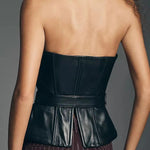 Fashionable and Avant-garde Faux Leather Belted Strapless Asymmetric Top