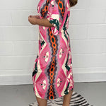 Loose High Waist Printed V-Neck Shirt Dress