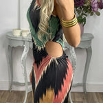 Irregular slanted shoulders blooming print slim dress