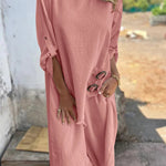 Jamilah Linen Blend Ring Detail Midi Blouse and Elastic Waist Pocketed Loose Pants Set