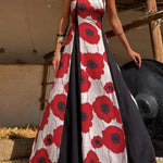 Floral Print Suspenders Paneled Back Pleated Maxi Dress