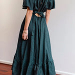 RUFFLED EDGE OFF SHOULDER MIDI DRESS