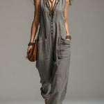 Vintage Cotton And Linen Straight-leg Jumpsuit With Ruffled Neckline