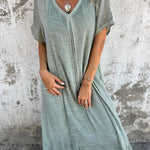 V Neck Loose Fit Cotton Linen Midi Dress