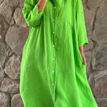 Cotton linen solid color casual stand collar button long dress