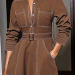 Long Sleeves Loose Buttoned Elasticity Pockets Solid Color Lapel Maxi Dresses