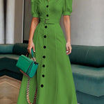 Puff Sleeves Short Sleeves Belted Buttoned Solid Color Lapel Maxi Dresses Shirt Dress