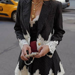 Emily in Paris Striped Lace Trim Lapel Crop Loose Blazer