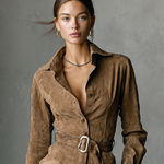 Women's Fashion Suede Single Breasted Lapel Long Sleeve Midi Dress