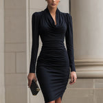 Draped Cowl Neck Ruched Bodycon Midi Dress