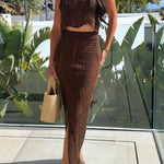 Solid Color Sleeveless Hollow Knit Crop Top and Elastic Slit Slim Midi Skirt Set