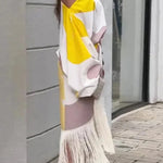 Unique Printed Balloon Sleeve Loose Top and Fringed Hem Skirt Set