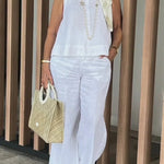 Cotton and Linen Sleeveless Top and Wide-Leg Pants Two-Piece Set