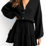 Button Long Sleeve Loose Shirt Dress Elastic Waist Ruffle Skirt